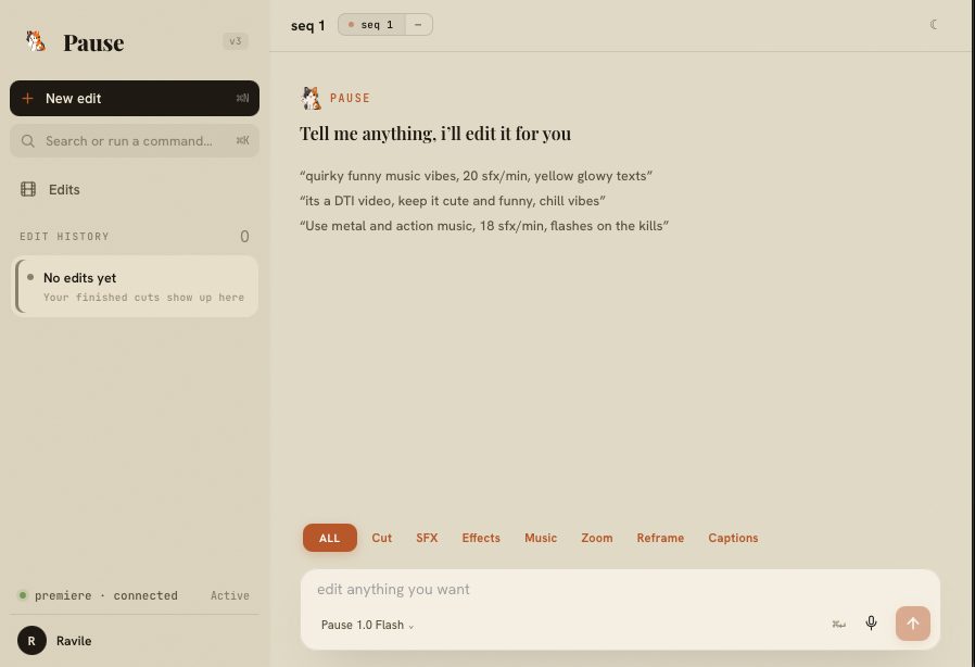 The Pause editing interface